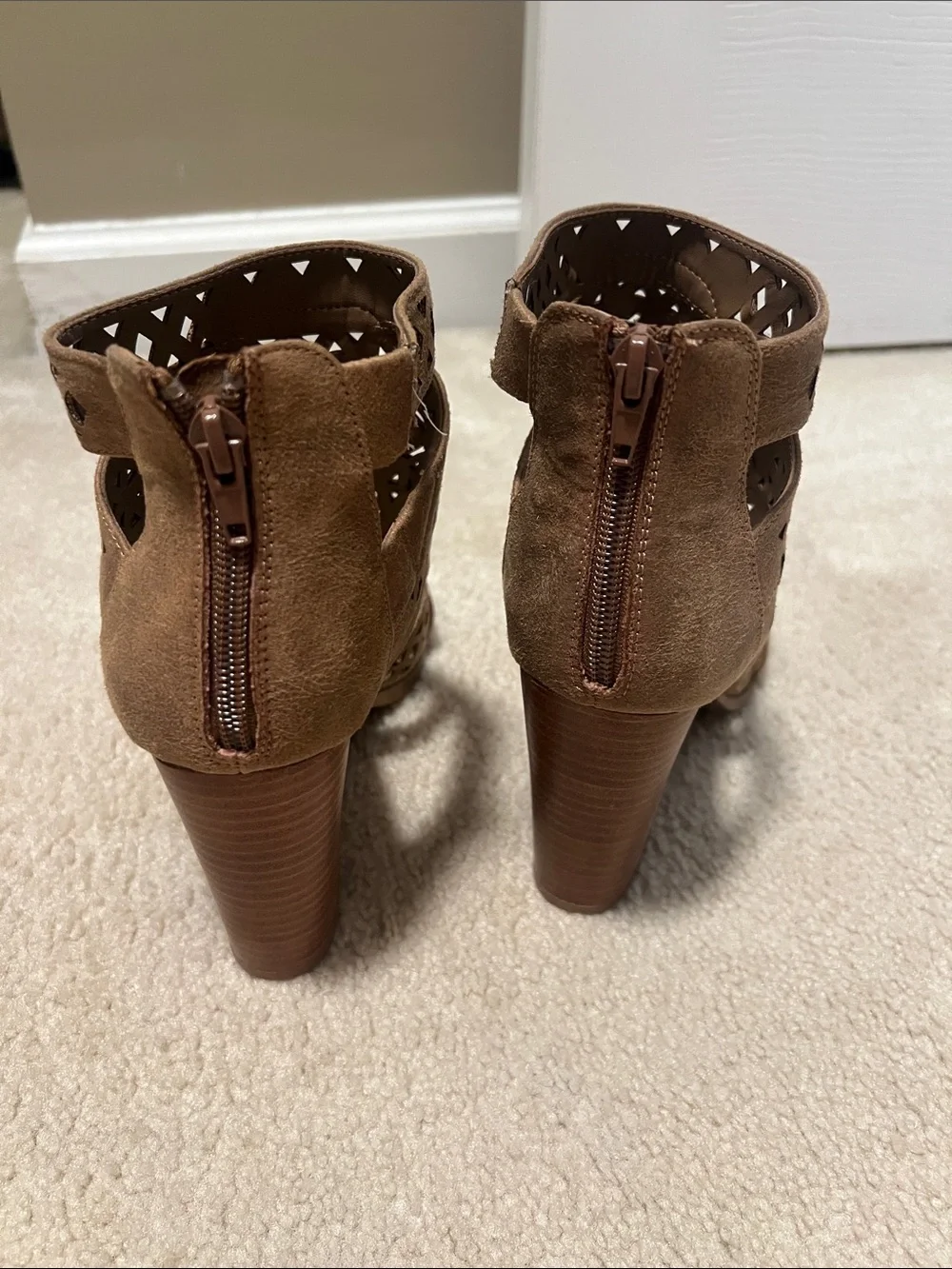 Fergie Brown Laser-Cut Gladiator Heels